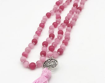 Mala Beads: Pink Cats Eye 108 Mala Beads with tasselMeditation Bracelet |Healing Bracelets |Yogi Necklace |Spiritual Protection