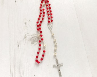 Catholic Rosary: Red cats eye and White pearl beads|Confirmation Gift |Catholic Gift |First Communion