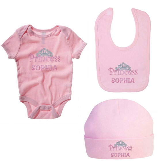 Baby grow-Vest-bib-hat Personalised embroidered baby girl set princess tiara