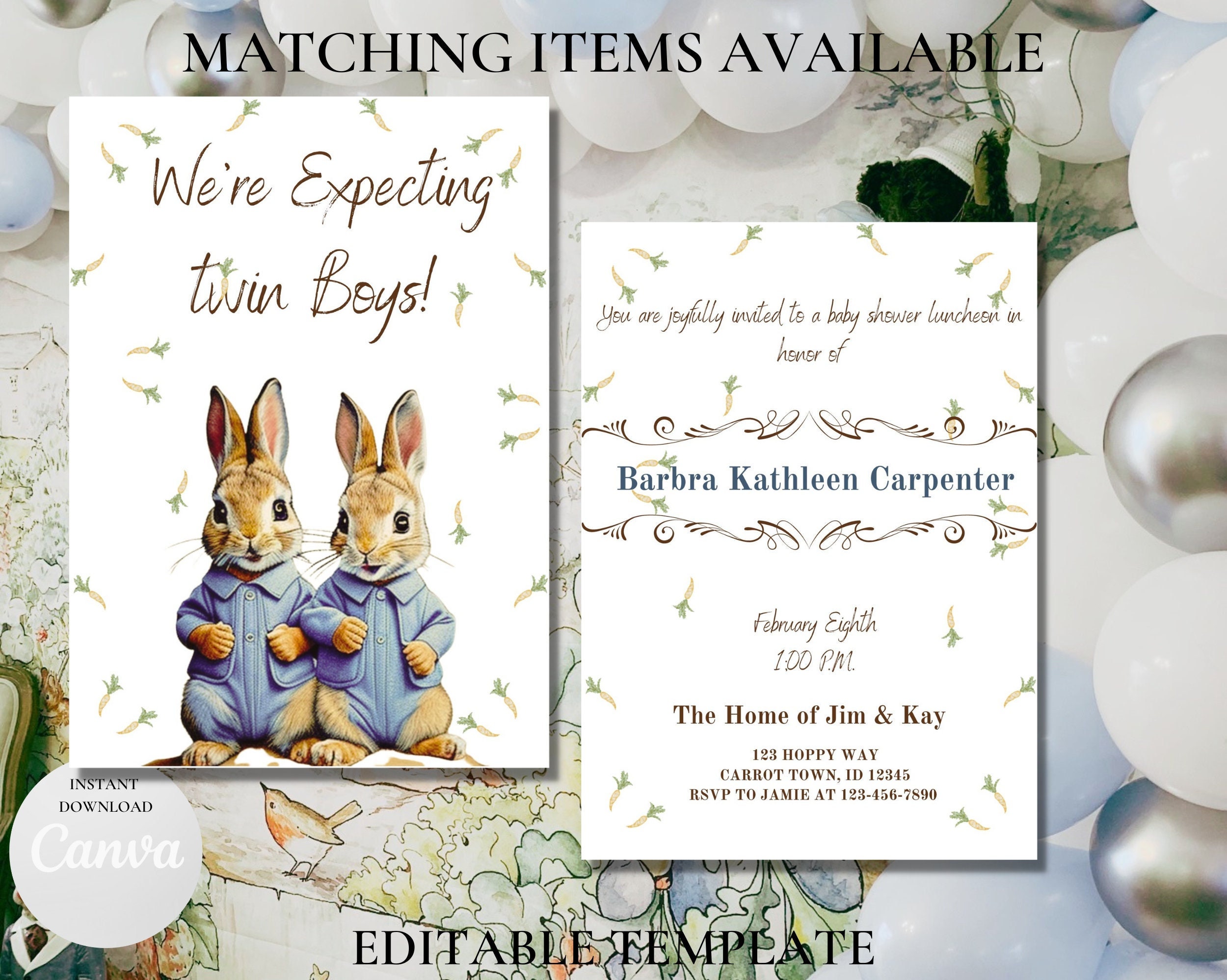 Editable Peter Rabbit Baby Shower Invitation Bundle, Blue Peter Rabbit ...