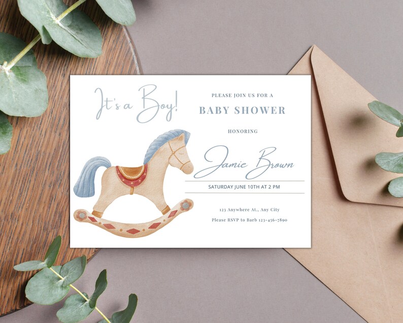 Editable It's A Boy Rocking Horse Blue Baby Shower Invitation Invites