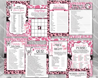 Pink Safari Baby Shower Games Girl, Pink Zebra Baby Shower Game Package, Printable Baby Shower Game Pack, Pink Giraffe Baby Shower Games DIY