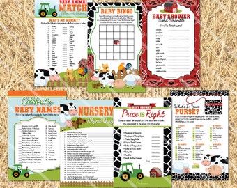 Barnyard Baby Shower Games: Farm Animal Theme, Bingo, Price is Right, Word Scramble, Printable Boy Baby Shower Game Pack, INSTANT DOWNLOAD