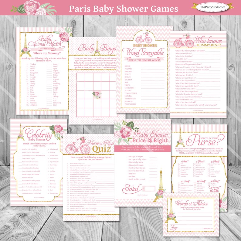 Peut inclure: Ensemble de jeux de baby shower roses et dor&eacute;s avec des motifs floraux et la Tour Eiffel. Jeux : "Baby Animal Match", "Baby Bingo", "Word Scramble", "Celebrity Baby Names", "Nursery Rhyme Quiz", "Price is Right", "Who Knows Mommy Best?", "What's in Your Purse?", et "Words of Advice".