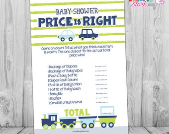 Train and Cars Price is Right Baby Shower Game: Printable Precious Cargo Transportation Theme Baby Shower Games, Blue Green, Downloadable