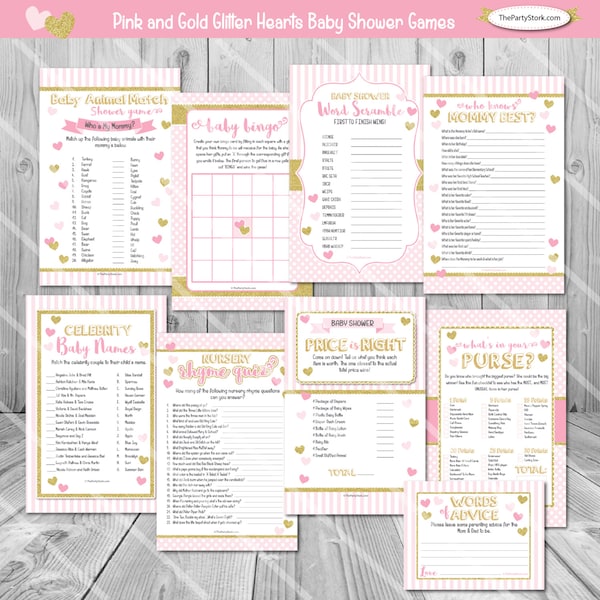 Pink and Gold Baby Shower Games: Pink and Gold Glitter Hearts, Bingo, Price is Right, Printable Girl Baby Shower Game Pack INSTANT DOWNLOAD