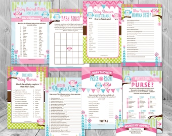 Owl Baby Shower Games Owl Baby Shower Printable Pink and Blue Green, Gender Neutral Baby Shower Game Package Baby Shower Game Pack Download