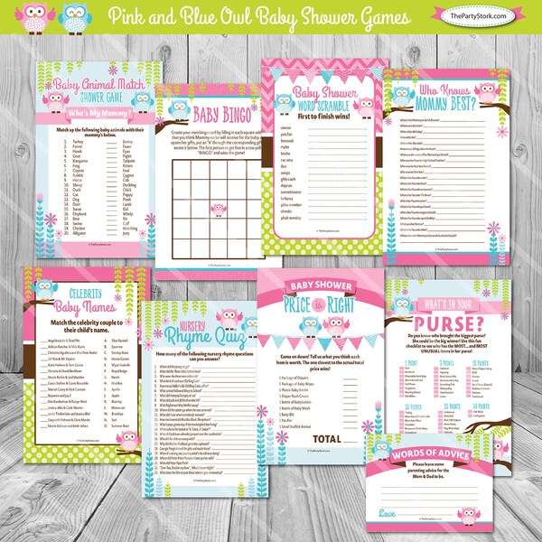 Owl Baby Shower Games Owl Baby Shower Printable Pink and Blue Green, Gender Neutral Baby Shower Game Package Baby Shower Game Pack Download