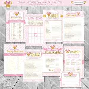 Minnie Baby Shower Games Pink and Gold Baby Shower Games for Girl, Printable Baby Shower Game Package Deal, Gold and Pink Baby Shower Games
