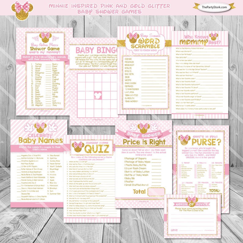 May include: A set of printable baby shower games featuring a pink and gold Minnie Mouse theme. The games include "Who's My Mommy?", "Baby Bingo", "Baby Word Scramble", "Celebrity Baby Names", "Nursery Rhyme Quiz", "Baby Shower Price is Right", and "What's in Your Purse?"