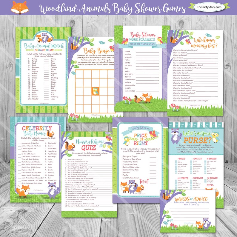 Woodland Baby Shower Games: Bingo Cards, Price is Right, Printable Boy or Girl Fox Forest Themed Baby Shower Game Pack, INSTANT DOWNLOAD image 1