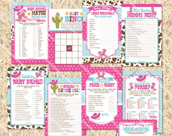 Cowgirl Baby Shower Games, Cowgirl Printable Baby Shower Game Girl, Words of Wisdom Cards Baby Bingo Cards, Price is Right Game Baby Shower