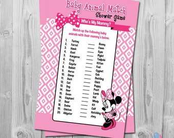 Jeu d'associations pour baby shower Minnie Mouse à imprimer, jeu d'associations pour bébés animaux, idées de baby shower Minnie Mouse, jeu de baby shower DIY sur le thème Minnie Mouse