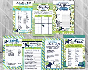 Elephant Baby Shower Games: Bingo Cards, Price is Right Printable Blue Green Lime Teal Little Peanut Boy Baby Shower Game Pack, Downloadable