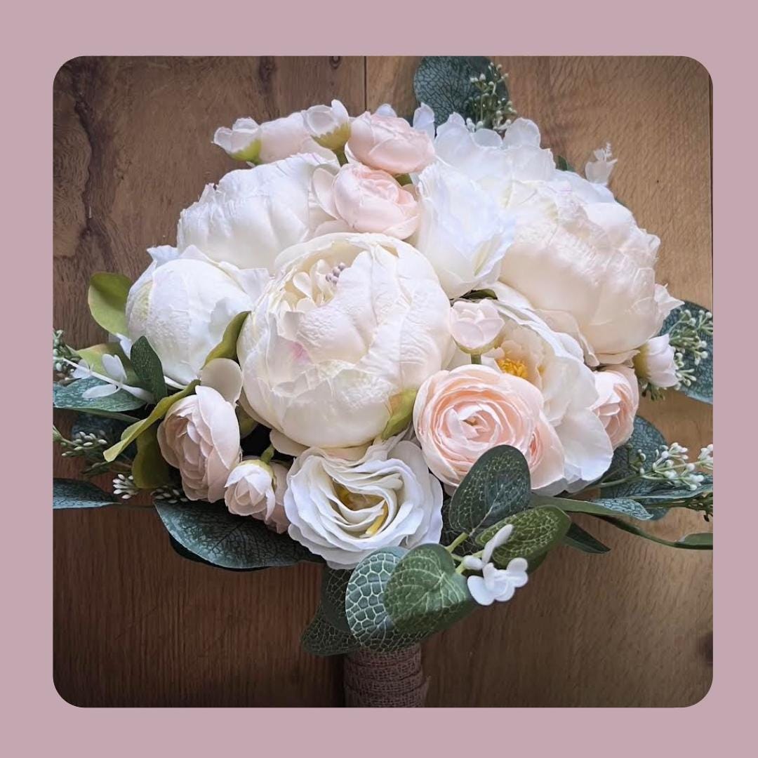 Artificial Silk Peony Wedding Bouquet, White & Blush Pink Bridal ...