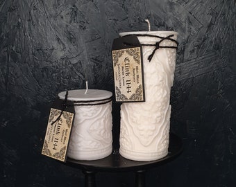 White Baroque Candle, Ornate Gothic Candle, Witchy Pillar Candle, Vegan Witches Candle // Sandalwood and Musk