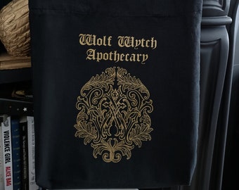 Black Gothic Tote Bag, Wolf Wytch Canvas Bag, Vegan Shopper Bag, Black & Gold Bag