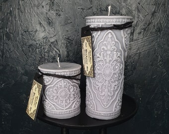 Grey Baroque Candle, Haunted House Candle, Ornate Gothic Candle, Witchy Pillar Candle, Vegan Witches Candle // 50 Berkeley Square