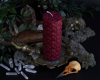 Red Baroque Candle, Ornate Gothic Candle, Fleur De Lis Gift, Witchy Pillar Candle, Vegan Witches Candle // Crucifix Kiss