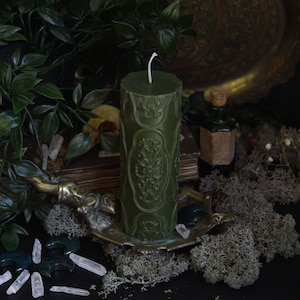 Ornate Gothic Candle, Maimalist Candle, Green Altar Candle, Victorian Candle, Witchy Pillar Candle, Vegan Witches Candle // Twist Of Cain