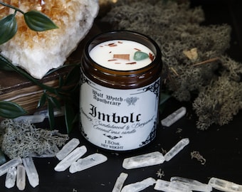 Imbolc Candle, Witchy Spring Candle, Pagan Sabbat Candle, Crystal Candle for Witches, Rosemary and Sandalwood Scented Candle