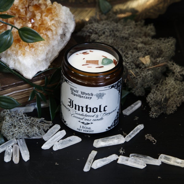 Imbolc Candle, Witchy Spring Candle, Pagan Sabbat Candle, Crystal Candle for Witches, Rosemary and Sandalwood Scented Candle