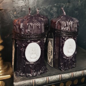 May include: Two black pillar candles with a white wax design of a bat on the front. The candles are wrapped with twine and have a label that reads "Forest Hallow".