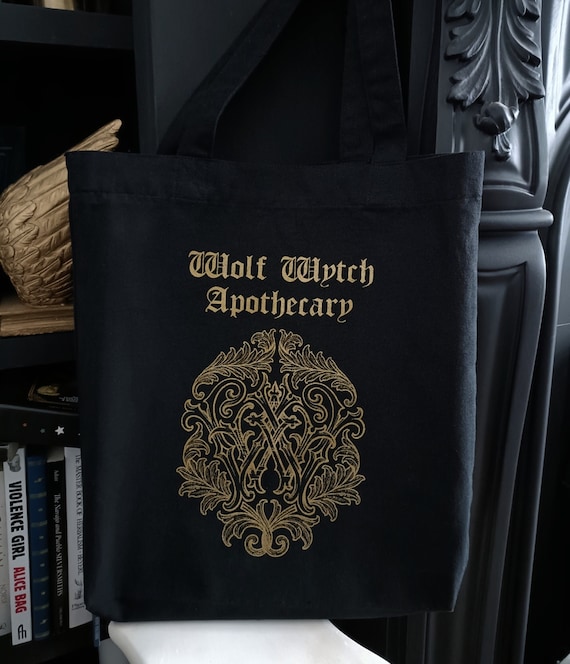 Black Gothic Tote Bag, Wolf Wytch Canvas Bag, Vegan Shopper Bag, Black & Gold Bag