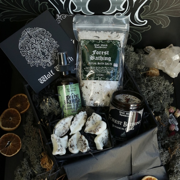 Forest Bathing Gift Box / Vegan Candle set, Spiritual Gift Box, Hedge Witch Gift, Crystal Infused Candle Gift Set, Nature Lover Gift Box