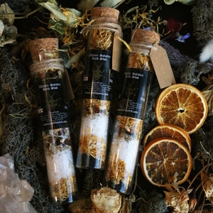 Winter Solstice Bath Salt Tube, Pagan Yuletide Gift, Green Witch Ritual Flower Bath Shot