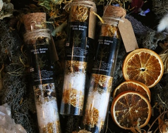 Winter Solstice Bath Salt Tube, Pagan Yuletide Gift, Green Witch Ritual Flower Bath Shot