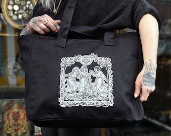Black Witches Cargo Bag, Gothic Gym Bag, Moon Witches Oversized Festival Tote