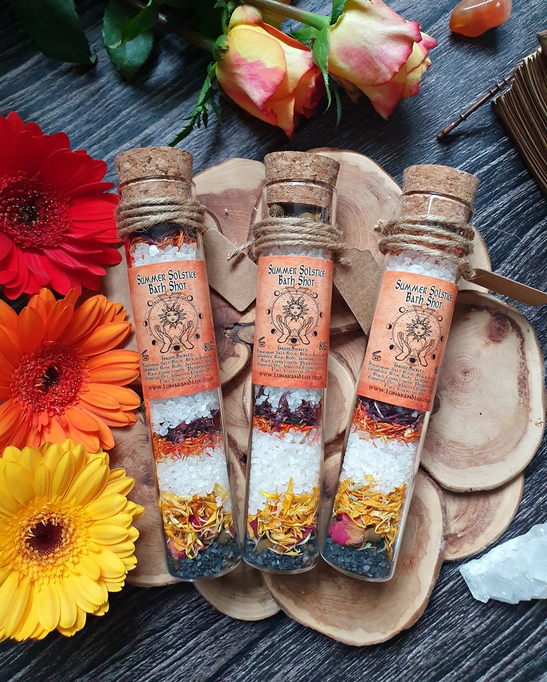 Summer Solstice Gift, Bath Ritual Salts, Litha Gift, Goddess Gift, Dried Flower Bath, Bath Salt Test Tube, Pagan Gift, Click For More Info image 1