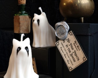 Ghost Cat Pillar Candle, Black Metal Cat Candle, Feline Witches Familiar Gift