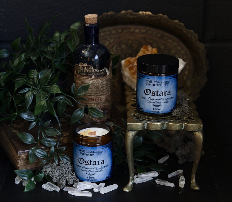 May include: Two amber glass candle jars with blue labels that read "Wolf Witch Apothecary Ostara Spruce, Peppermint & Jasmine Coconut wax candle 180h Net Weight 11oz" on a dark surface with a gold metal stand, green foliage, and clear quartz crystals.