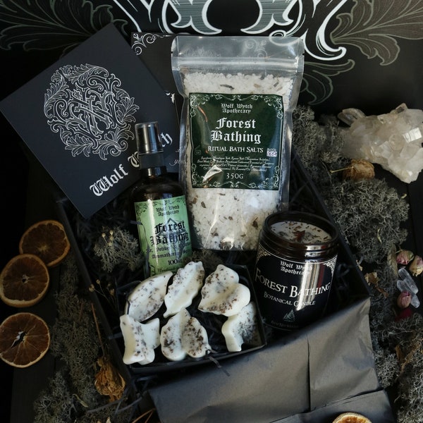 Forest Bathing Gift Box / Vegan Candle set, Spiritual Gift Box, Hedge Witch Gift, Crystal Infused Candle Gift Set, Nature Lover Gift Box