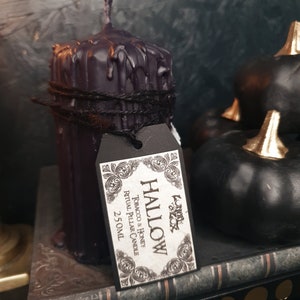 May include: Black pillar candle with a dripping wax design, tied with twine and labelled "HALLOW Tobacco & Honey Ritual Pillar Candle 2.5 oz"