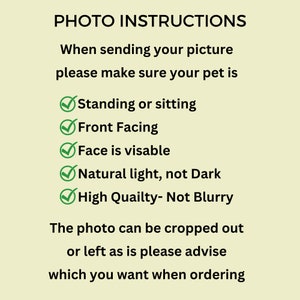 May include: Photo instructions for sending a picture of a pet. The instructions include: Standing or sitting, Front Facing, Face is visible, Natural light, not dark, High Quality - Not Blurry. The photo can be cropped out or left as is, please advise which you want when ordering.