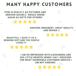 Puede incluir: Imagen que muestra rese&ntilde;as de clientes con el t&iacute;tulo "MANY HAPPY CUSTOMERS". Las rese&ntilde;as incluyen frases como "exactamente como se muestra" y "adorno incre&iacute;ble", cada una acompa&ntilde;ada de una calificaci&oacute;n de cinco estrellas.