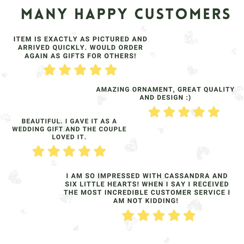 Puede incluir: Imagen que muestra rese&ntilde;as de clientes con el t&iacute;tulo "MANY HAPPY CUSTOMERS". Las rese&ntilde;as incluyen frases como "exactamente como se muestra" y "adorno incre&iacute;ble", cada una acompa&ntilde;ada de una calificaci&oacute;n de cinco estrellas.