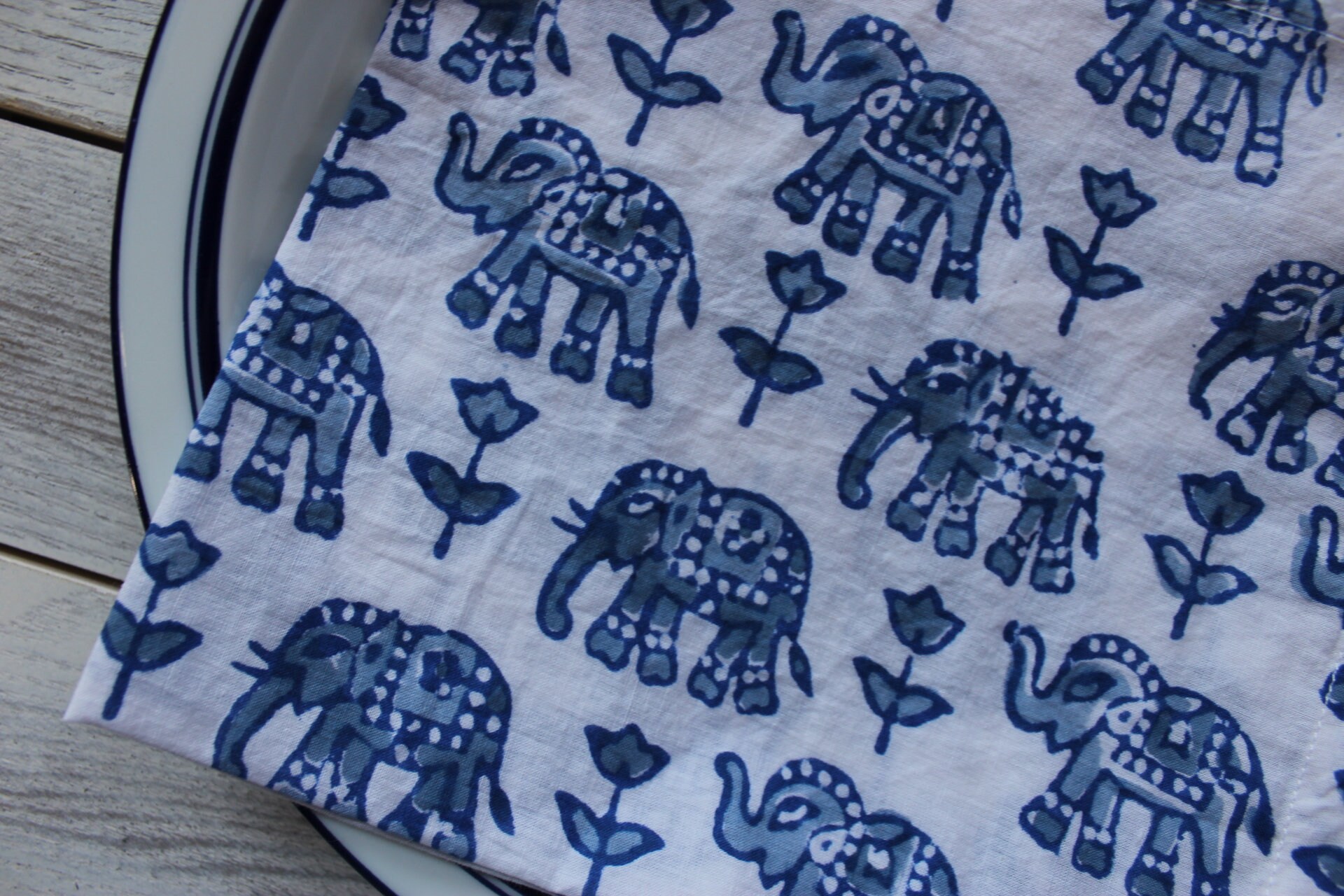 Elephant block print dinner napkin SET OF 4 blue elephants Etsy