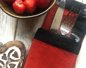 Red linen dinner napkins set of 2 - red-orange napkins with black trim handmade unique design romantic table setting