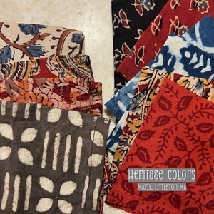 Assorted set of block printed 6 cocktail napkins in heritage colors.