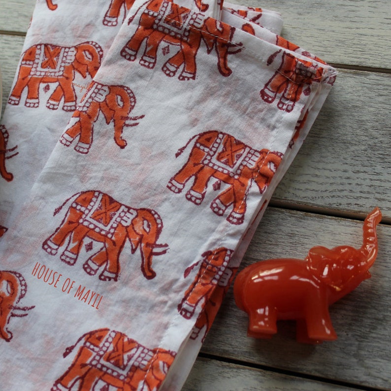 Elephant napkins SET OF 4 green elephants block print fabric Etsy