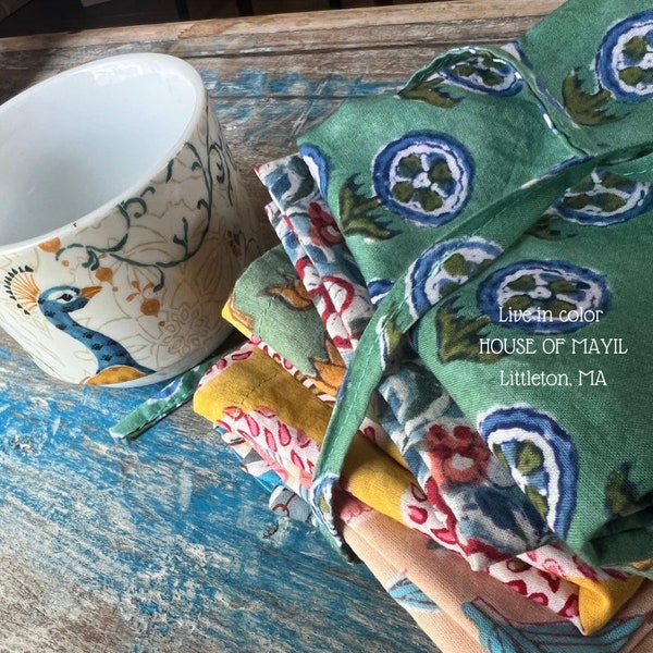 Multi use napkins, set of 6 assorted reusable, lightweight hand block printed cotton for your summer entertaining.
