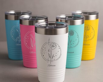 Personalized Birth Month Flower Tumbler -  Custom Name Engraved Insulated Cup, Zodiac Gift