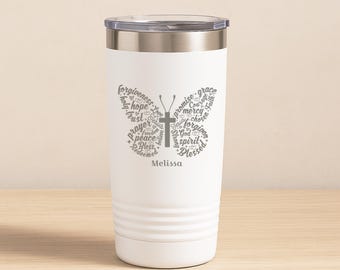 Personalized Christian Tumbler - Custom Name Engraved Insulated Cup, Christian Butterfly Gift