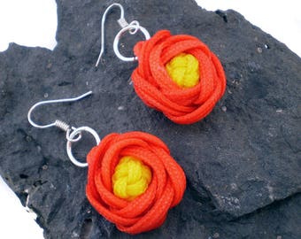 Knotted Rose Earrings, Macrame Rose Earrings, Turks Head Knot Earring, Turk's Head Rose, Turkshead Knot (Red & Yellow)