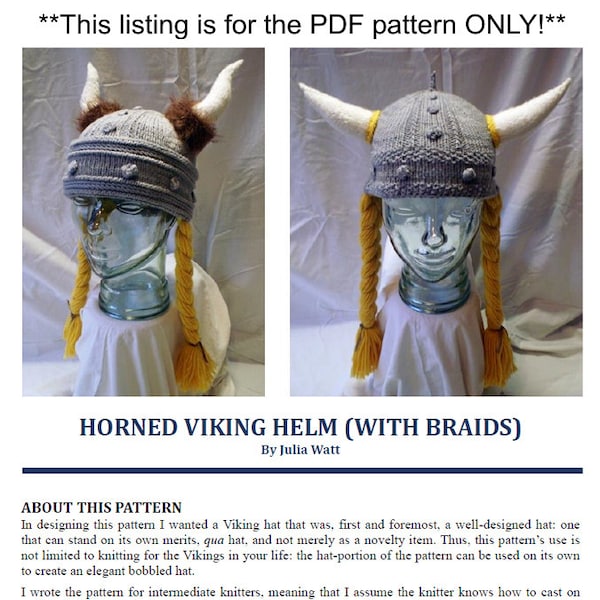 Knitting Pattern Horned Viking Hat with Braids, Viking Helmet Knitting Pattern, Viking Hat Pattern