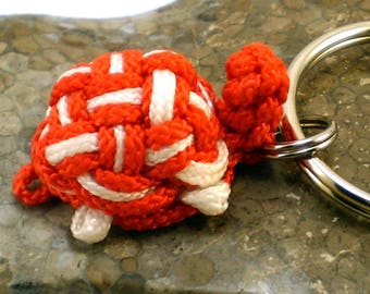 Turtle Keychain, Turtle Keyring, Turtle Key Holder, Fob, Chinese Knot Turtle, Chinese Knot Key Holder (Red & White)